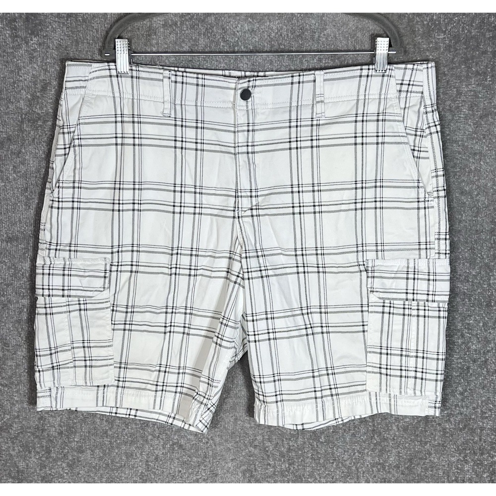 George Plaid Cargo Shorts Mens Sz 40 White Gray Cotton Stretch Pockets Gorpcore